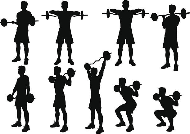 ilustrações, clipart, desenhos animados e ícones de silhueta de levantamento de peso - gym weight bench exercising weights