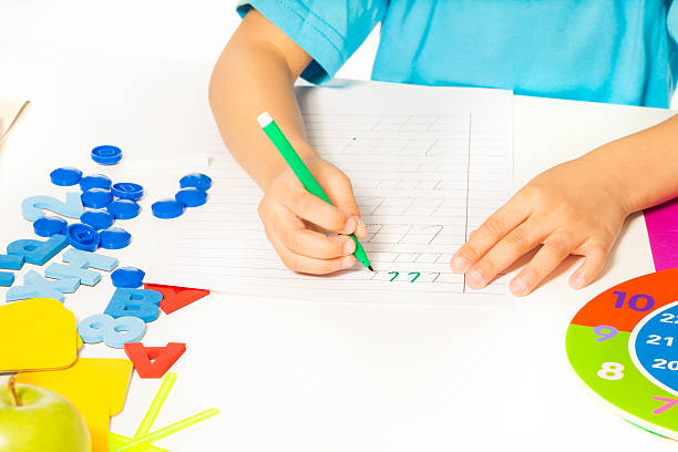 istock Fragment of kids hands holding mark pen  writing 475699566