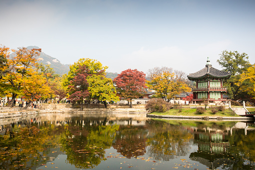 Seoul, South Korea - October 25, 2014: Gyeongbokgung Palace and its grounds on a fine autumn day with colours showing.