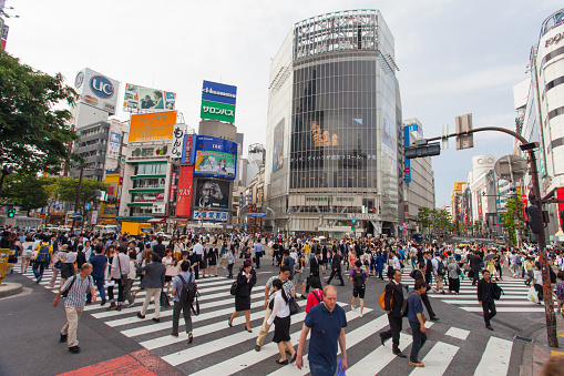 Tokyo, Japan - May 14, 2015: Pedestrians at Shibuya crossing, The famous scramble crosswalk also known as Shibuya scramble is used by over 2.5 million people on daily basis. with people.