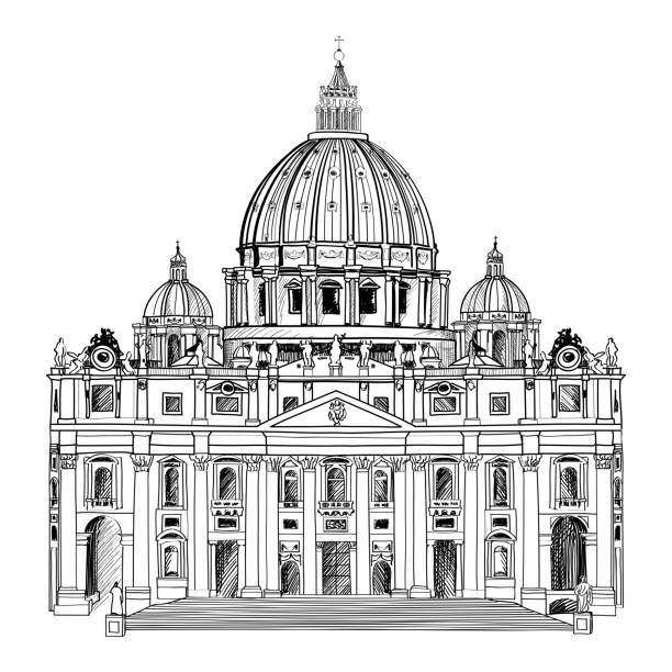 St. Peter's Cathedral, Rome, Italy. St. Peter's Cathedral, Rome, Italy. Hand drawn vector illustration isolated on white background. Saint Pietro Basilica. vatican stock illustrations