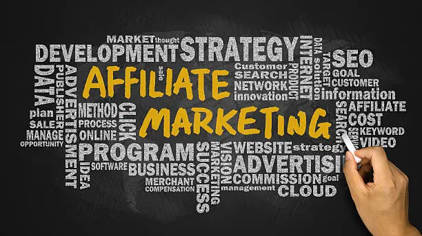 Photo of affiliate marketing handwritten on blackboard with related words