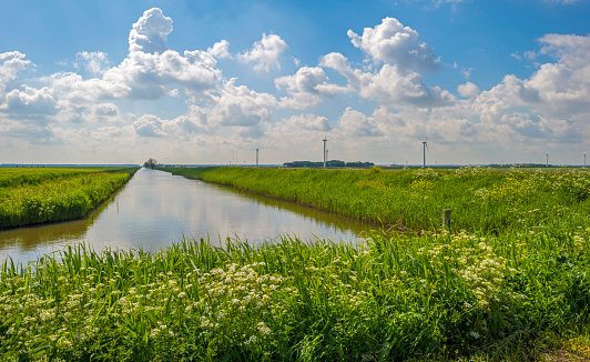 Drone panorama photography of an dyke called Houtrib dijk in Lake Markermeer in the province Flevoland. The highway dyke N302 from Lelystad to Enkhuizen.