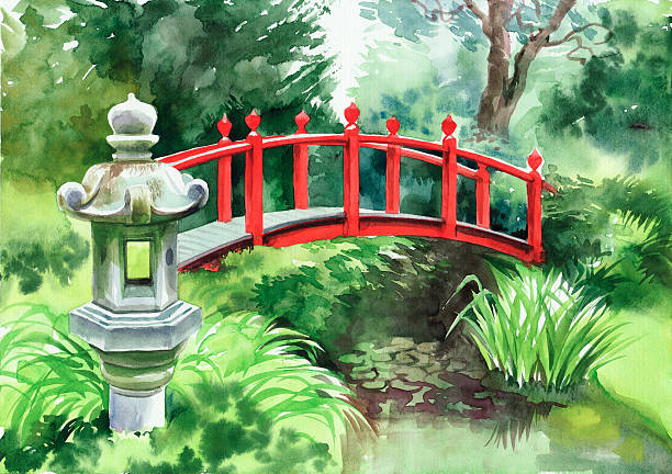 illustrazioni stock, clip art, cartoni animati e icone di tendenza di ponte rosso in un giardino giapponese con - nature japanese garden formal garden ornamental garden