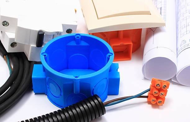 istock Components for electrical installations and rolls of diagrams 475706394