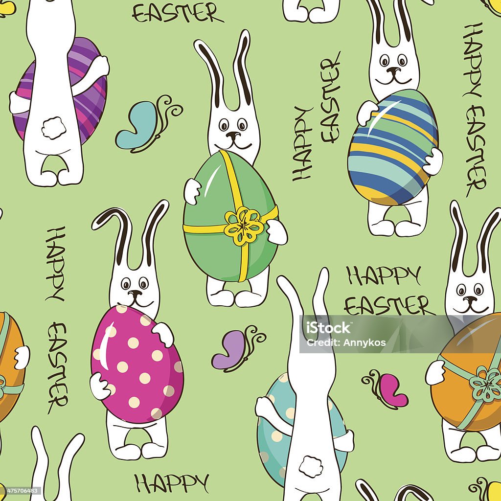 Seamless pattern of bunny rabbits holding Easter eggs Seamless pattern of funny cartoon bunny rabbits holding colorful Easter eggs Animal stock vector