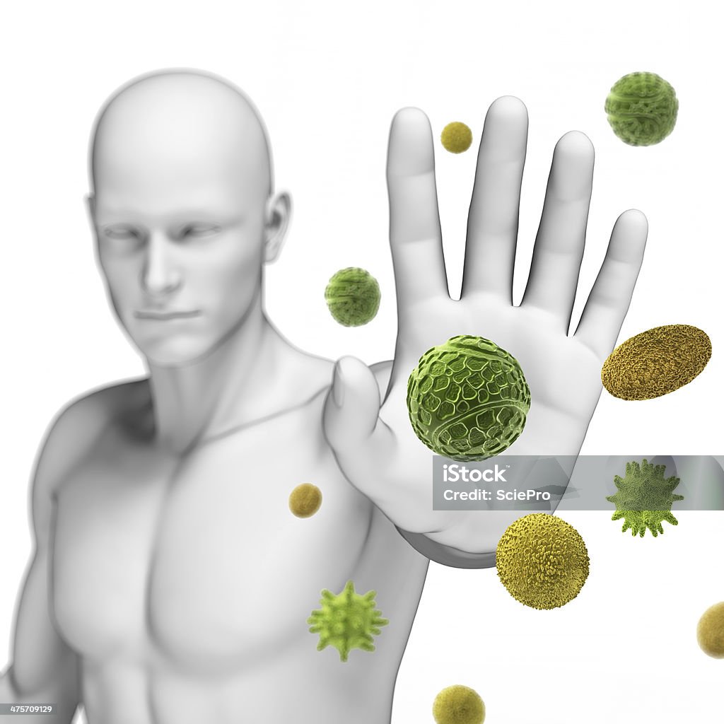 Pollen molecules being block by white male figure 3d rendered illustration defending some pollen Immune System Stock Photo