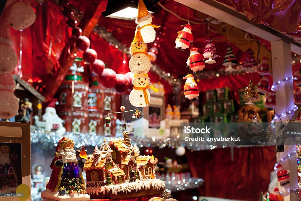 christmas market decoration for sale on christmas market Christmas Market Stock Photo