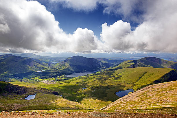 Snowdonia landscape The mountains and lakes of Snowdonia, looking from Mount Snowdon from the Llanberis Pass mount snowdon photos stock pictures, royalty-free photos & images