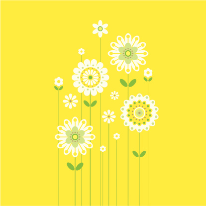 A central group of spring flowers growing and blooming. On a sunny yellow background.