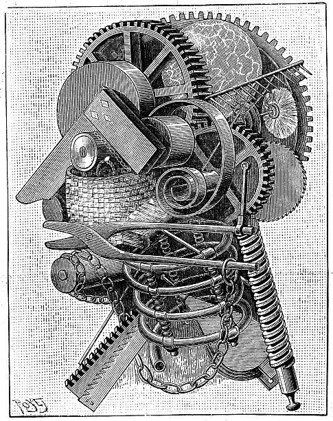 antyczne ilustracja mechanicznej człowiek - engraved image gear old fashioned machine part stock illustrations