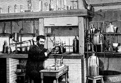 Antique illustration of chemist researcher in his lab