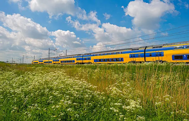 Electric train riding through a sunny landscape in spring