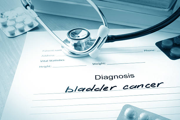 Diagnostic form with diagnosis bladder cancer and pills. Diagnostic form with diagnosis bladder cancer and pills. urothelium stock pictures, royalty-free photos & images