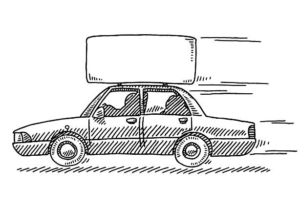 Limousine Car Advertising Sign On Roof Drawing Hand-drawn vector drawing of a driving Limousine Car with an Advertising Sign On the Roof, Side View. Black-and-White sketch on a transparent background (.eps-file). Included files are EPS (v10) and Hi-Res JPG. car sketches stock illustrations
