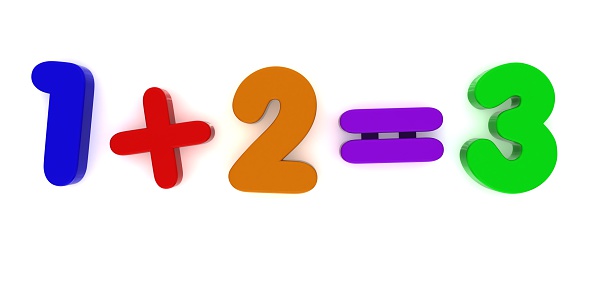 1 + 2 = 3 multicoloured fridge magnet sum. Isolated on white.