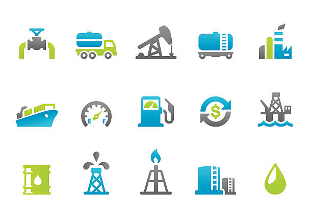 ilustraciones, imágenes clip art, dibujos animados e iconos de stock de stampico iconos de industria de petróleo - oil industry oil field freight transportation oil rig