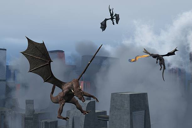 istock Dragons wreak destruction on modern city 475726504