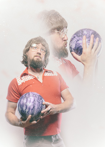 A 1970's or 1980's styled image of a glamour shot of a shaggy haired man with a beard, glasses, and classic retro bowling shirt holds his ball, ready to bowl.  Soft focus, film degradation, and spliced in floating profile face next to the portrait of the man kissing his bowling ball.
