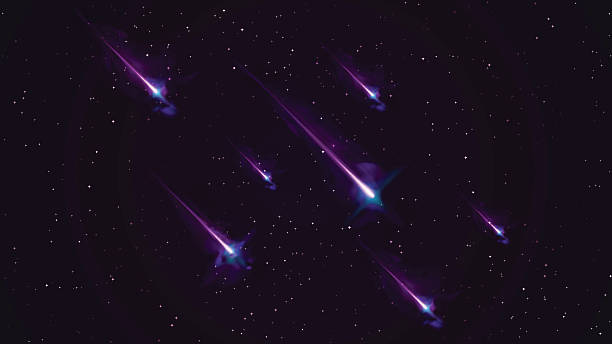 Meteor Shower Shooting Star Stock Vector Space Background This stock vector illustration features space with shooting stars. It is a combination of small far stars with cross light refractions incorporating bright colors, including vibrant blues and purples. The use of reflection and tone portrays a sense of depth. The image has a dark colorful tone. Image includes a standard license along with the option of upgradeable extended license. star trail stock illustrations