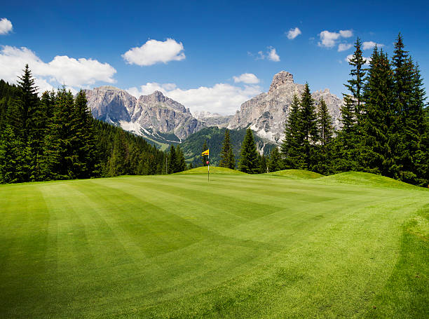 골프 코스 중 이탈리어어 dolomites - golf panoramic golf course putting green 뉴스 사진 이미지