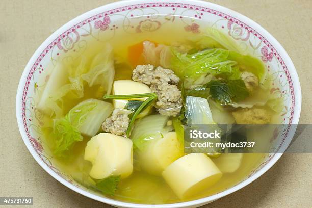 Clear Soup With Bean Curd And Minced Pork In Dish Stock Photo - Download Image Now - 2015, Asia, Bean