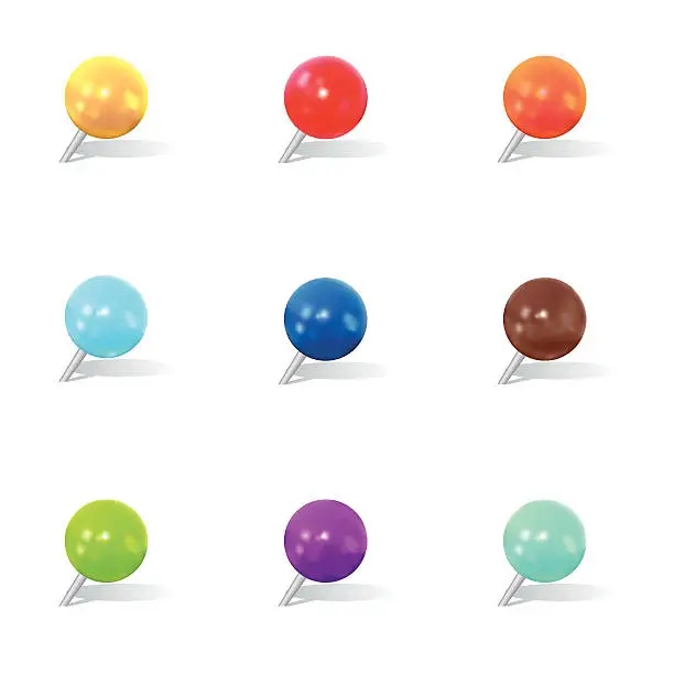 Vector illustration of Colorful Round Thumbtack Set With Shadows