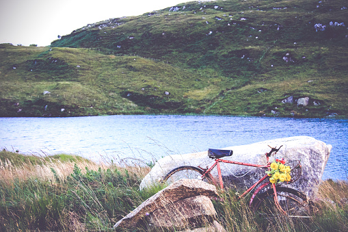 Abstract image of a rustic Bicycle with lake and lush mountains; Enchanted Irish Landscape.