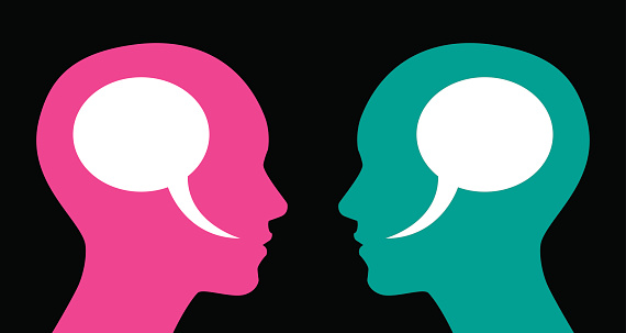 Vector illustration of two profiles of women with speech bubbles inside their heads.