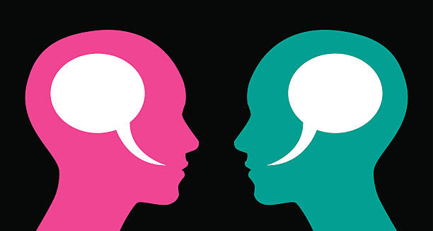 Woman and Woman Speech Bubbles Vector illustration of two profiles of women with speech bubbles inside their heads. head stock illustrations
