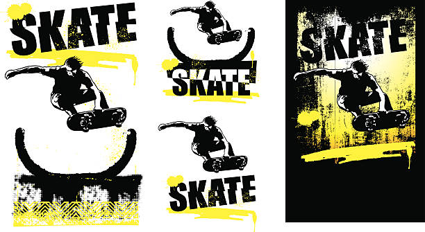 skate scenes with rider jumping stencil and grunge skate scenes with rider jumping and copy space extreme skateboarding stock illustrations