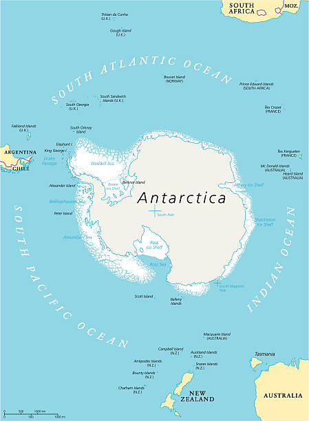 Antarctic Region Political Map Antarctic Region Political Map with south pole, ice shelfs and islands. English labeling and scaling. Illustration. south pole stock illustrations