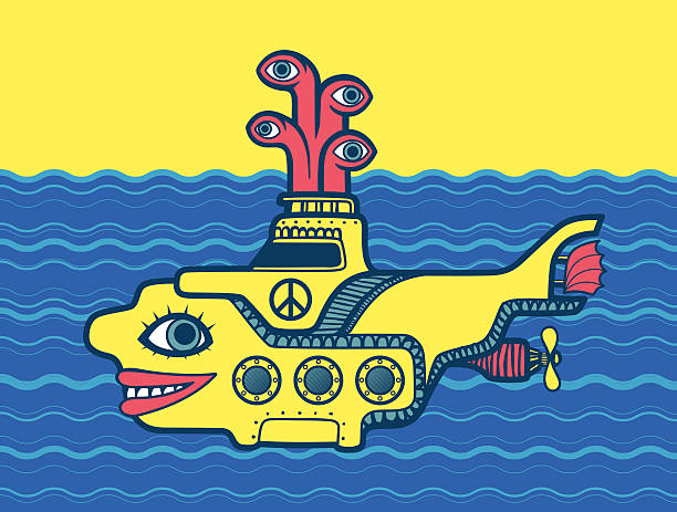 illustrazioni stock, clip art, cartoni animati e icone di tendenza di yellow submarine in mare fumetto segno di pace psichedelico arte anni sessanta - musica psichedelica
