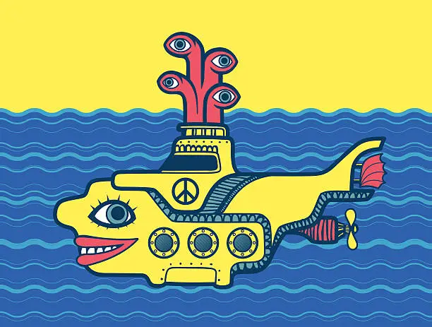 Vector illustration of Yellow submarine at sea cartoon peace sign psychedelic 60s art