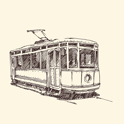vintage tram, engraved illustration, hand drawn