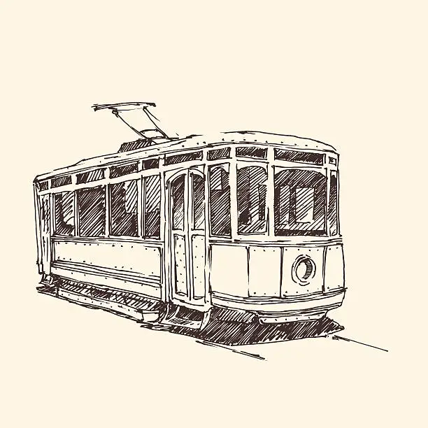 Vector illustration of vintage tram, engraved illustration, hand drawn