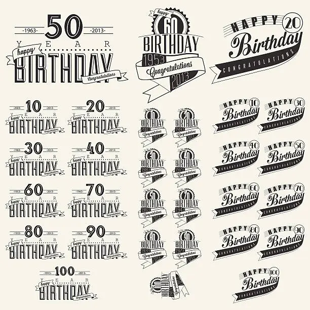 Vector illustration of Retro Vintage style Birthday greeting card collection in calligraphic design