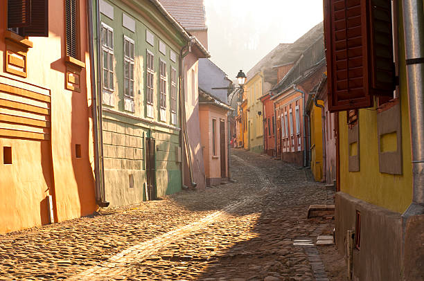 Road in medieval town of Transylvania stock photo