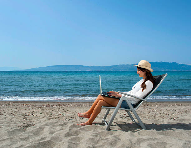 istock Girl is working at the beach 475745858