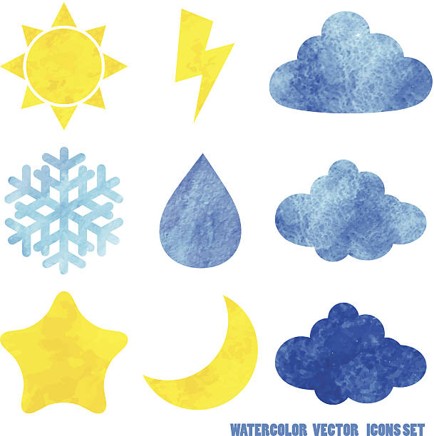 ilustraciones, imágenes clip art, dibujos animados e iconos de stock de acuarela iconos weather - cloud drawing heat cold