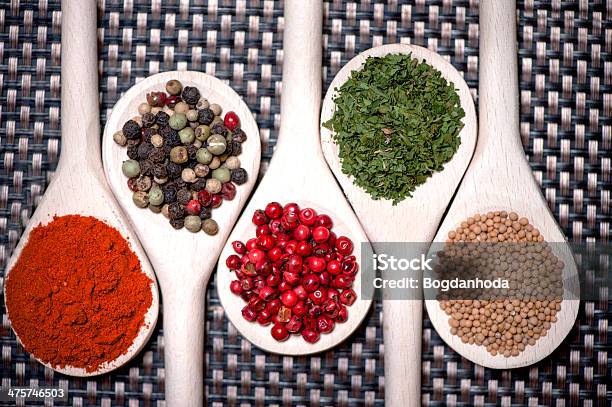 Assortment Mix Of Colorful Spices With Chopped Parsley Mustard Stock Photo - Download Image Now