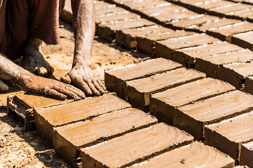 Handmade clay bricks in India
