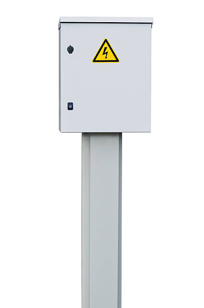 istock Power distribution wiring switchboard panel outdoor unit, isolated closeup 475750762