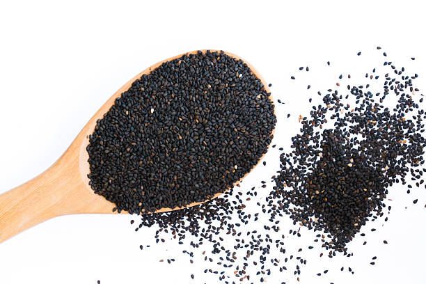 istock Black sesame put on wooden spoon isolated 475751850