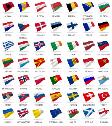 all european flags set icons with shadows on white