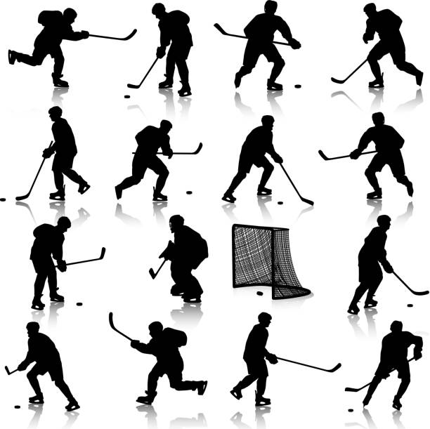 ilustraciones, imágenes clip art, dibujos animados e iconos de stock de siluetas de jugador de hockey - ice hockey hockey puck playing shooting at goal