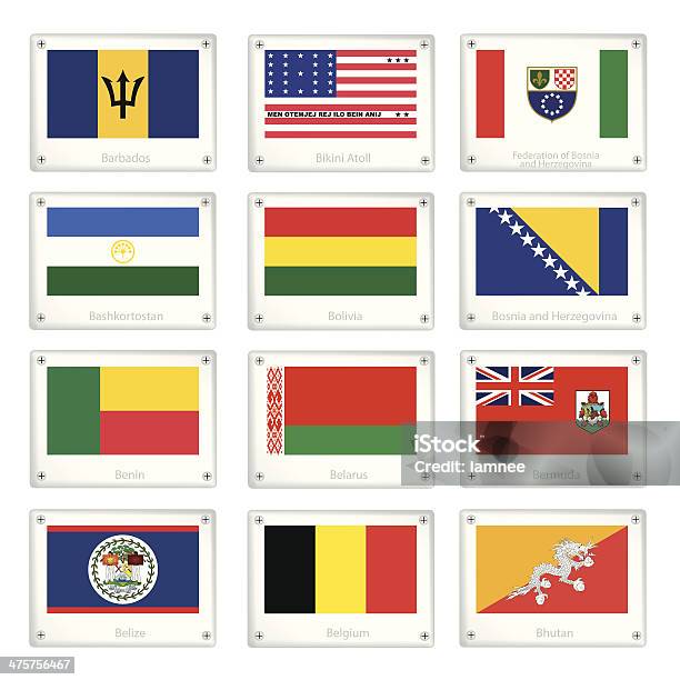 Ilustración de Doce Banderas Nacionales En Placas De Metal Textura y más Vectores Libres de Derechos de Acero