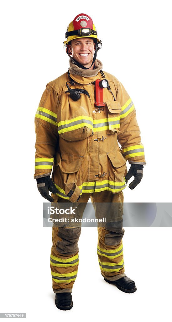 Firefighter Isolated on White This is a full length photograph of a male firefighter in his late 30s. The background is a pure white. Firefighter Stock Photo