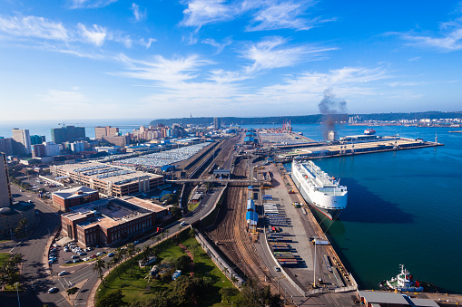 Durban, South Africa - July 12, 2013: Durban harbor port landscape flying birds-eye air position.