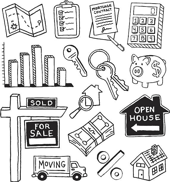 illustrazioni stock, clip art, cartoni animati e icone di tendenza di immobiliare e schizzi - real estate sign model home house for sale